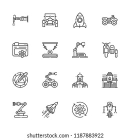 Collection of 16 engine outline icons include icons such as gear, optimization, quad, classic car, sidecar, space shuttle, robot, rocket, wheel, fire station
