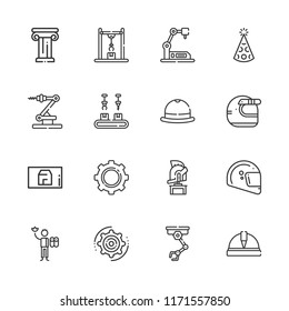 Collection of 16 engineer outline icons include icons such as helmet, hat, blueprint, cogwheel, worker, industrial robot