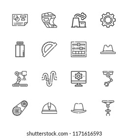 Collection of 16 engineering outline icons include icons such as power plant, engine, helmet, settings, lift, hat, physics, setting, planning, protractor
