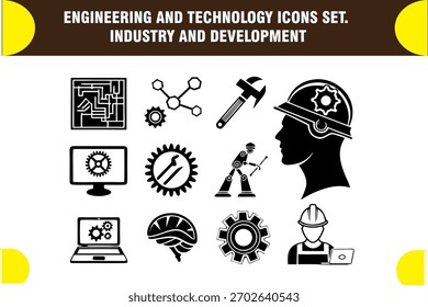 Uma coleção de 16 ícones de engenharia e tecnologia, apresentando temas de indústria e desenvolvimento, apresentados como uma silhueta isolada em um fundo branco.