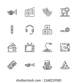 Collection of 16 entertainment outline icons include icons such as headphones, blocks, radio, party blower, trumpet, tickets, virtual reality, microphone, wizard, turntable