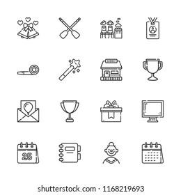 Collection of 16 event outline icons include icons such as agenda, press card, birthday card, clown, party blower, rowing, calendar, trophy, women only, tickets office, gift