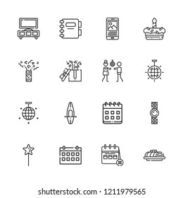 Collection of 16 event outline icons include icons such as agenda, disco, calendar, disco ball, magic wand, rowing, watch, mirror ball, stand, cake, gifts, news