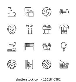 Collection of 16 exercise outline icons include icons such as playground, soccer ball, gloves, activity, boxing, dumbbell, golf, ice skate, karate, ping pong, pommel horse