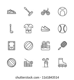 Collection of 16 exercise outline icons include icons such as pool, badminton, bicycle, golf, karate, polo, roller skate, shoe, sport shoe, tennis, loss, ball