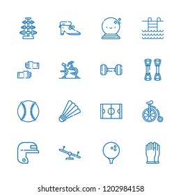 Collection of 16 exercise outline icons include icons such as gloves, baseball, golf, hockey box, shoes, badminton, swing, ball, dumbbell, bicycle, chest expander