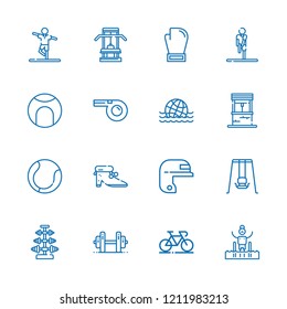 Collection of 16 exercise outline icons include icons such as swing, baseball, boxing, tennis, weightlifting, whistle, ball, shoes, pool, bicycle, well, dumbbell, stretching