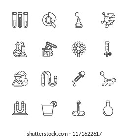 Collection of 16 experiment outline icons include icons such as tube, flask, dropper, research, test tube, glass, pipette, eyedropper, molecule