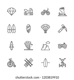 Collection of 16 extreme outline icons include icons such as bicycle, ice ax, motorbike, parachute, parachuting, quad, rowing, ski, surfboard, tornado