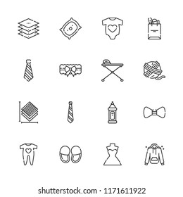Collection of 16 fabric outline icons include icons such as detergent, ironing board, pillow, slippers, baby clothes, tie, layers, bow tie, tote bag, yarn ball, garter
