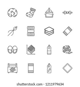 Collection of 16 fabric outline icons include icons such as slippers, layers, pillow, yarn ball, detergent, patch, sock, wool, bow tie, sewing box, sewing, laundry
