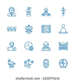 Collection of 16 face outline icons include icons such as clown, clock, user, baby, baby bed, woman, wedding video, shampoo, man, robot