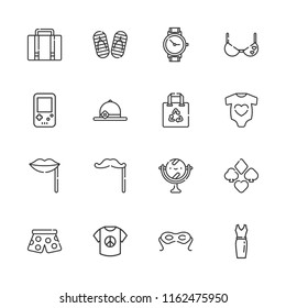 Collection of 16 fashion outline icons include icons such as suit, mirror, , shirt, dress, shopping bag, wristwatch, baby clothes, lips, mustache, pants, bra, 