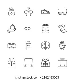 Collection of 16 fashion outline icons include icons such as bathrobe, hanger, shopping bag, sunglasses, wristwatch, goggles, jacket, pants, sport shoe, uniform, glasses