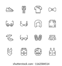 Collection of 16 fashion outline icons include icons such as sunglasses, glasses, suit, jacket, pants, polo shirt, shoe, swimming suit, uniform, wig, bra, kiss, flip flop