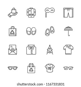 Collection of 16 fashion outline icons include icons such as umbrella, slippers, shopping bag, birthday girl, eye mask, shirt, letter, paper bag, jacket, polo shirt, short