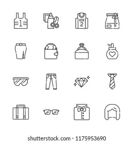 Collection of 16 fashion outline icons include icons such as tie, shirt, basketball jersey, glasses, uniform, purse, wig, perfume, luggage, jeans, diamond, engagement ring
