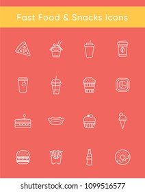Collection of 16 fast food & snack vector icons. White line isolated pictograms for web and print design