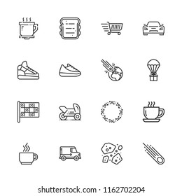 Collection of 16 fast outline icons include icons such as delivery truck, delivery, coffee cup, sandwich, motorbike, racing, shoe, sport car, asteroid