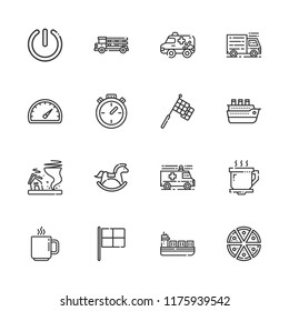 Collection of 16 fast outline icons include icons such as pizza, speedometer, chronometer, ship, coffee cup, racing, power, truck, ambulance, horse