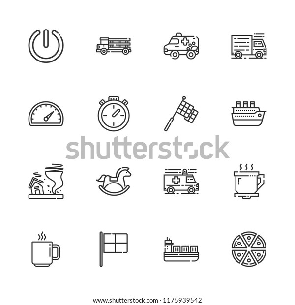 Collection of 16 fast outline icons include icons\
such as pizza, speedometer, chronometer, ship, coffee cup, racing,\
power, truck, ambulance,\
horse
