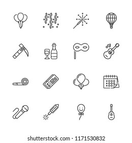 Collection of 16 festival outline icons include icons such as wine, balloon, guitar, balloons, confetti, eye mask, fireworks, karaoke, party blower, sparkler, ice ax, event