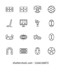 Collection of 16 field outline icons include icons such as tennis court, magnet, american football, field, hockey, rugby, soccer shoe, football