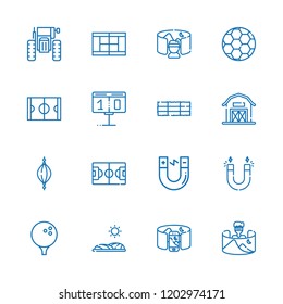 Collection of 16 field outline icons include icons such as magnet, golf, hockey box, scoreboard, tennis court, tractor, field of view, football, hay bale, barn