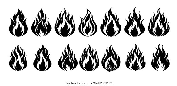 Collection of 16 Fiery Flame Icons Black and White Fire Symbols for Design Projects