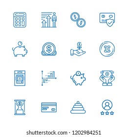 Collection of 16 financial outline icons include icons such as credit card, investment, pyramid, rating, piggy bank, bar chart, profits, dollar, atm, drachma, time is money