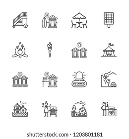 Collection of 16 fire outline icons include icons such as alarm, barbecue grill, ladder, bbq grill, picnic, bonfire, torch, landslide, earthquake, flood, grill, circus, cabins