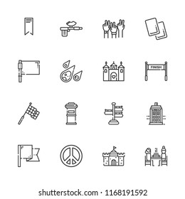 Collection of 16 flag outline icons include icons such as peace, harpoon, referee, bookmark, flag, finish, racing, signpost, castle, pierrade, police box, letterbox