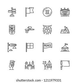 Collection of 16 flag outline icons include icons such as peace, flags, harpoon, flag, racing, gps, stadium, signpost, german, position, pierrade, drachma, circus