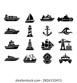 A collection of 16 flat vector icons depicting various marine and nautical transport elements, including ships, boats, and related symbols.