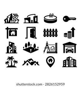 A collection of 16 flat vector icons representing real estate, property, and housing elements including construction, keys, sales, and urban living.
