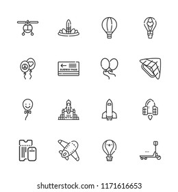 Collection of 16 flight outline icons include icons such as rocket launch, balloon, helicopter, balloons, skydiving, hot air balloon, spaceship, feathers, pass, boarding pass