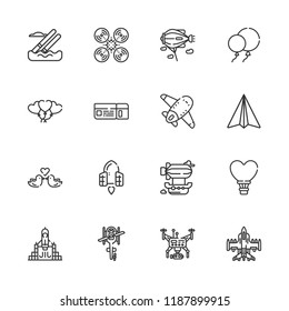 Collection of 16 flight outline icons include icons such as rocket launch, paper airplane, water skiing, spaceship, balloons, airplane, zeppelin, drone, airship, love birds