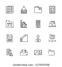 Collection of 16 folder outline icons include icons such as documents, folder, flat, file, folders, filing cabinet, picture, cloud folder, inbox, stationery