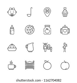 Collection of 16 food outline icons include icons such as jug, chef, hotel, cookies, coffee cup, sidecar, baby, fruit, baby mug, baby bed, milk, peach, lemon squeezer