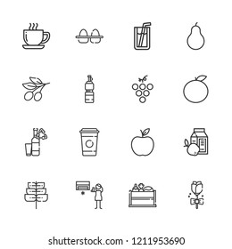 Collection of 16 fresh outline icons include icons such as air conditioning, apple, coffee cup, bottles, pear, orange, grape, rose, eggs, vegetable, olive, breakfast, soda