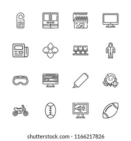 Collection of 16 front outline icons include icons such as dealer, suit, doorknob, newspaper, goggles, motorcycle, rugby, highlighter, computer, doors, seats