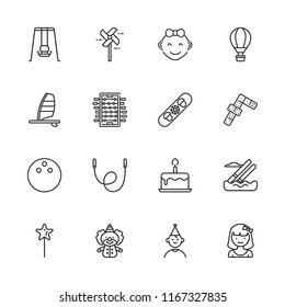 Collection of 16 fun outline icons include icons such as dominoes, foosball, pinwheel, clown, girl, skipping rope, swing, birthday boy, birthday cake, magic wand, bowling