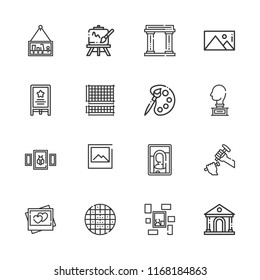 Collection of 16 gallery outline icons include icons such as easel, picture, museum, grid, palette