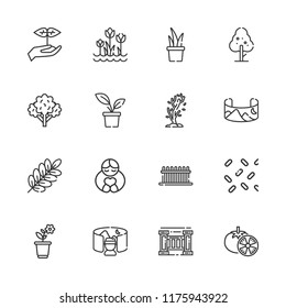 Collection of 16 garden outline icons include icons such as broccoli, sprout, flower, hugh, field of view, tree, tulips, branch, fence, sprinkles, plant