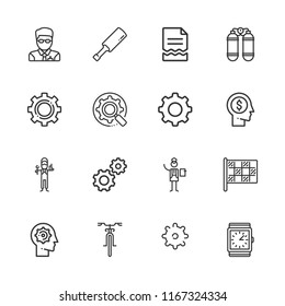 Collection of 16 gear outline icons include icons such as watch, manager, maintenance, file, settings, optimization, cricket, racing, head, bike, management