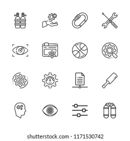 Collection of 16 gear outline icons include icons such as settings, optimization, file, productivity, cogwheel, basketball, carabiner, cricket, oxygen tank, vision