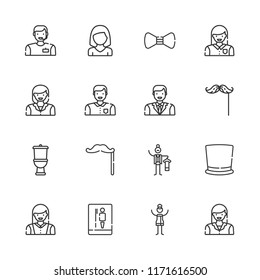 Collection of 16 gentleman outline icons include icons such as butler, toilet, mustache, woman, top hat, bow tie