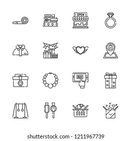Collection of 16 gift outline icons include icons such as party blower, rings, gift, necklace, shop, store, lollipop, mall, mobile shopping, online shopping, engagement ring