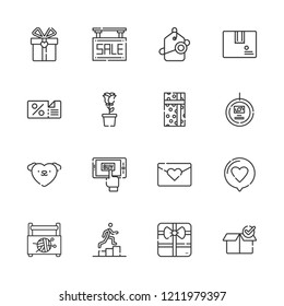 Collection of 16 gift outline icons include icons such as discount, package, tag, love letter, gift, rose, love, mobile shopping, promotion, sale