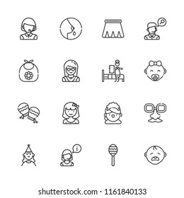 Collection of 16 girl outline icons include icons such as operator, telemarketer, maid, girl, rattle, birthday girl, breastfeeding, baby cry, baby, mitten, bib, skirt